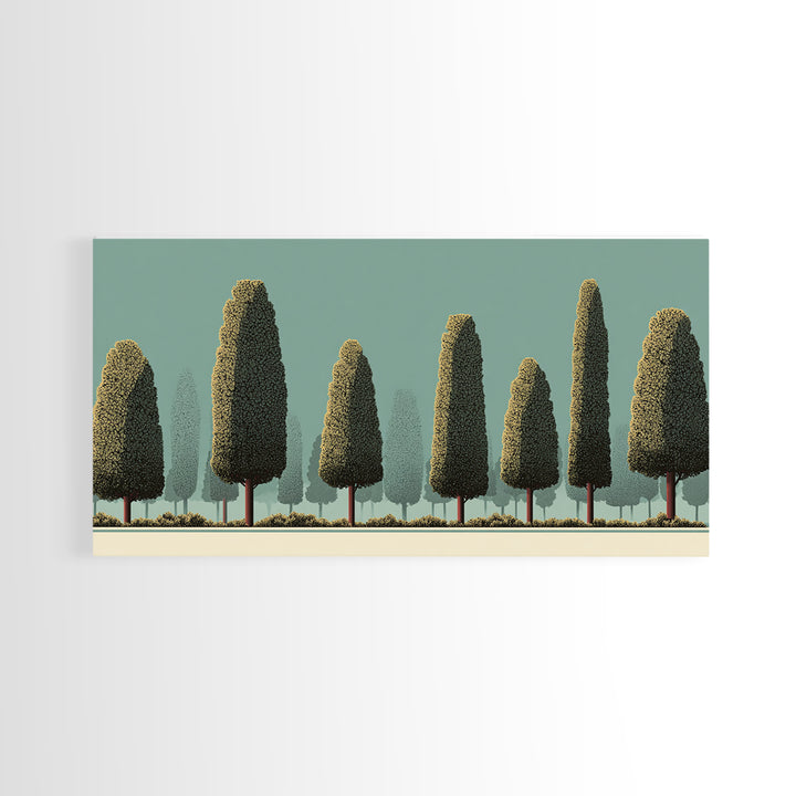 Stylized Cypress Tree Grove Wall Art, Midcentury Modern Landscape Print, Sage Green Retro Decor, Nature Living Room Art Print