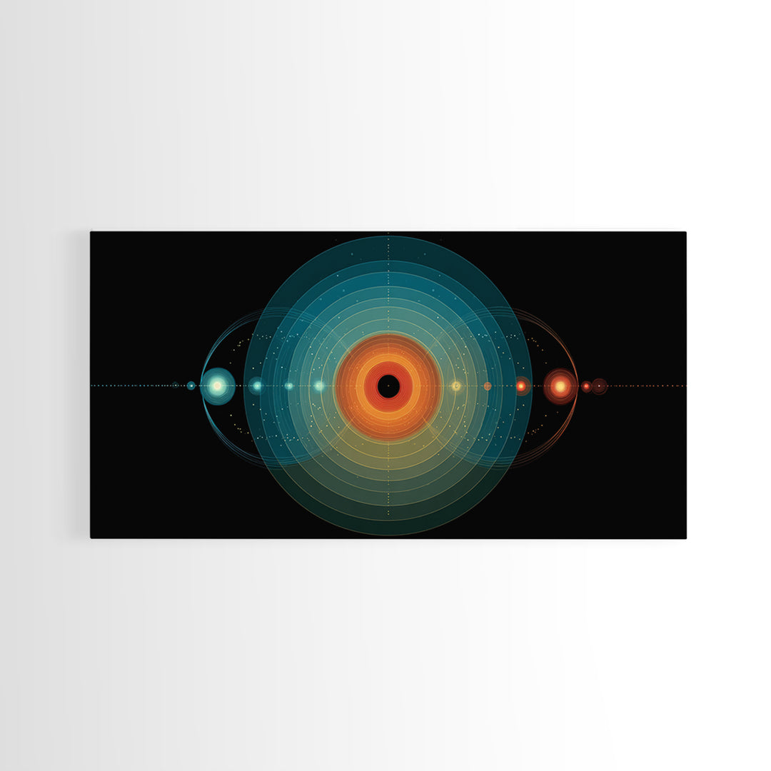 Solar System Orbit Canvas Print, Midcentury Modern Space Abstract, Teal Orange Circle Wall Decor, Retro Office Art Print Gift
