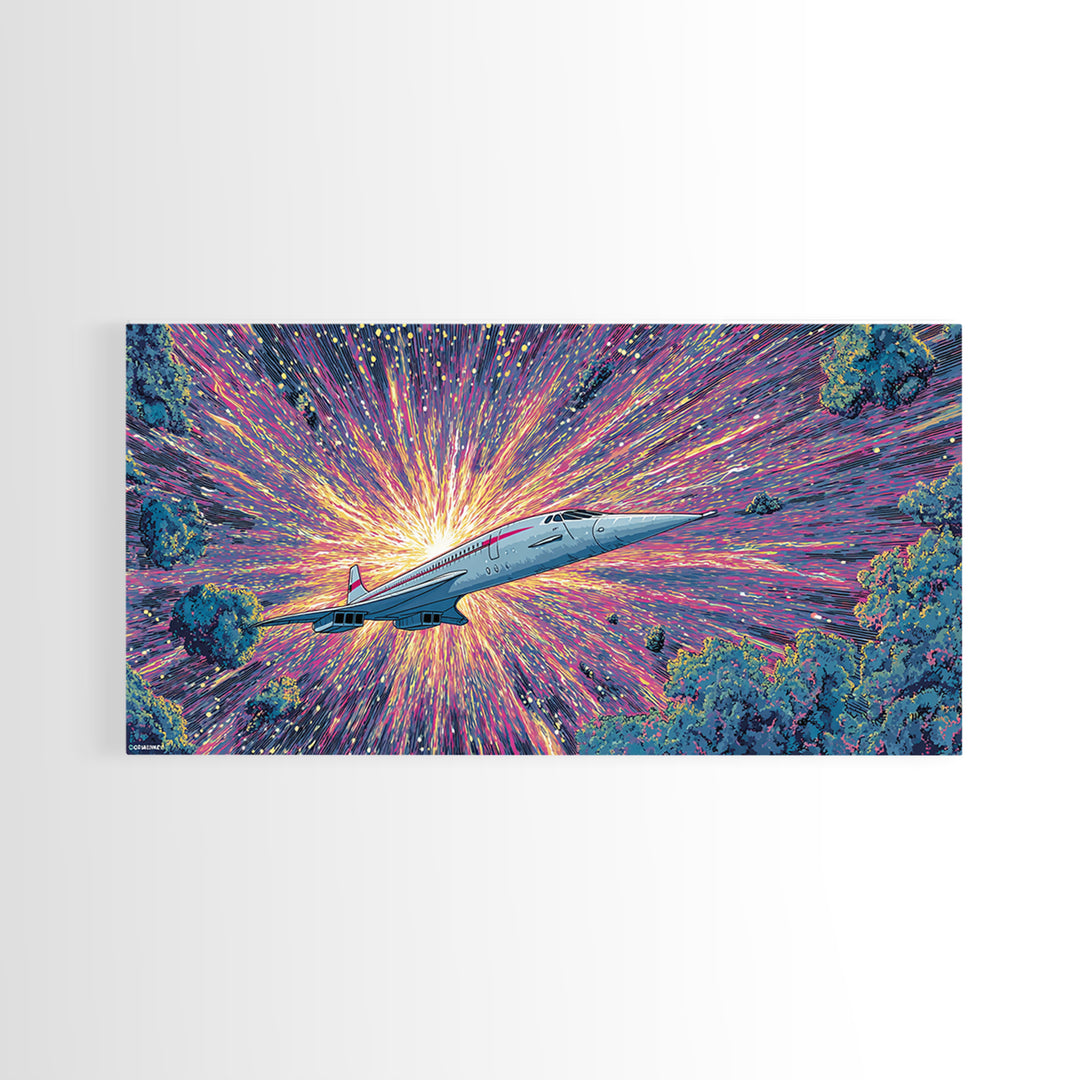 Retro Futuristic Jet Wall Art, Midcentury Sci Fi Airplane Print, Starburst Space Poster, Colorful Modern Home Decor Gift