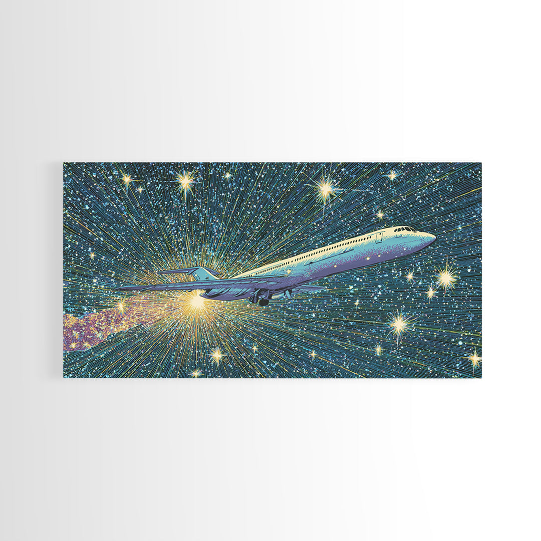 Supersonic Jet In Starry Warp Speed Sky Wall Art, Retro Sci Fi Poster, Mid Century Modern Decor, Space Travel Print, Home Office Decor