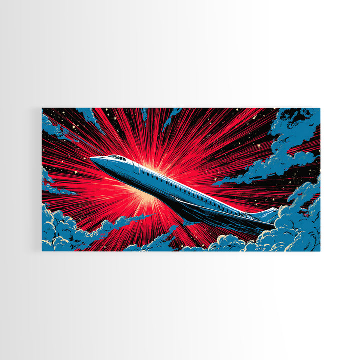 Blue Supersonic Jet With Red Starburst Canvas Print, Retro Sci Fi Poster, Mid Century Modern Wall Decor, Aviation Art Print