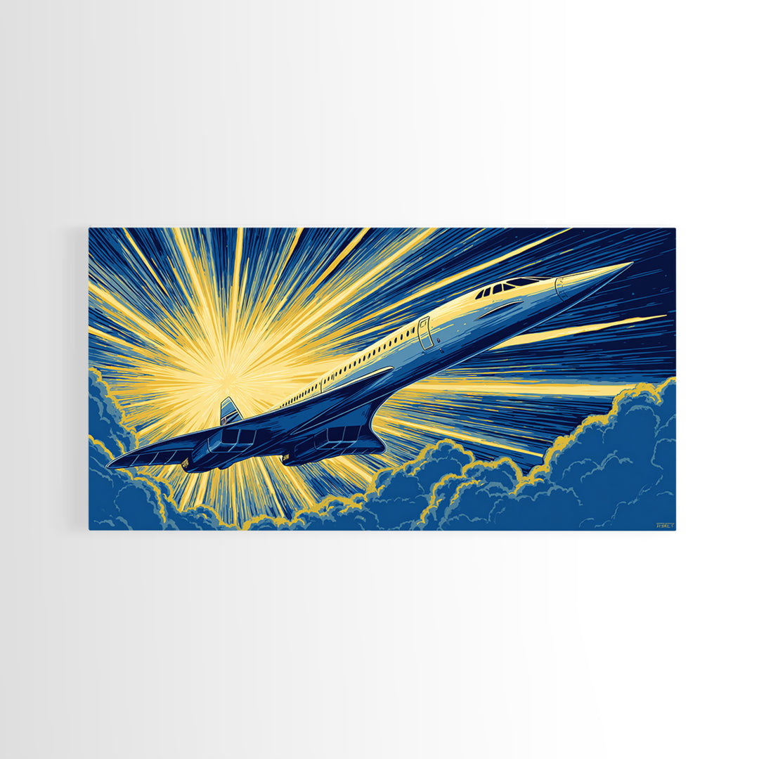 Golden Supersonic Jet Above Clouds Framed Canvas Print, Retro Sci Fi Poster, Mid Century Modern Wall Art, Aviation Decor