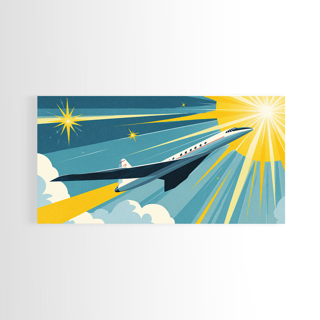 White Supersonic Jet In Sunlit Sky Canvas Print, Mid Century Modern Wall Art, Retro Travel Poster, Space Age Home Decor Print