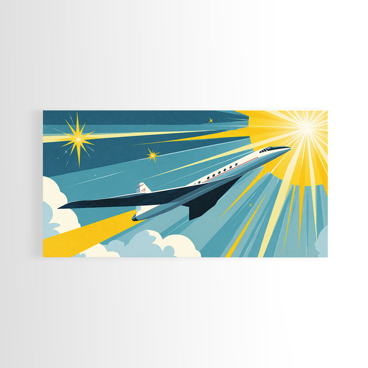 White Supersonic Jet In Sunlit Sky Canvas Print, Mid Century Modern Wall Art, Retro Travel Poster, Space Age Home Decor Print