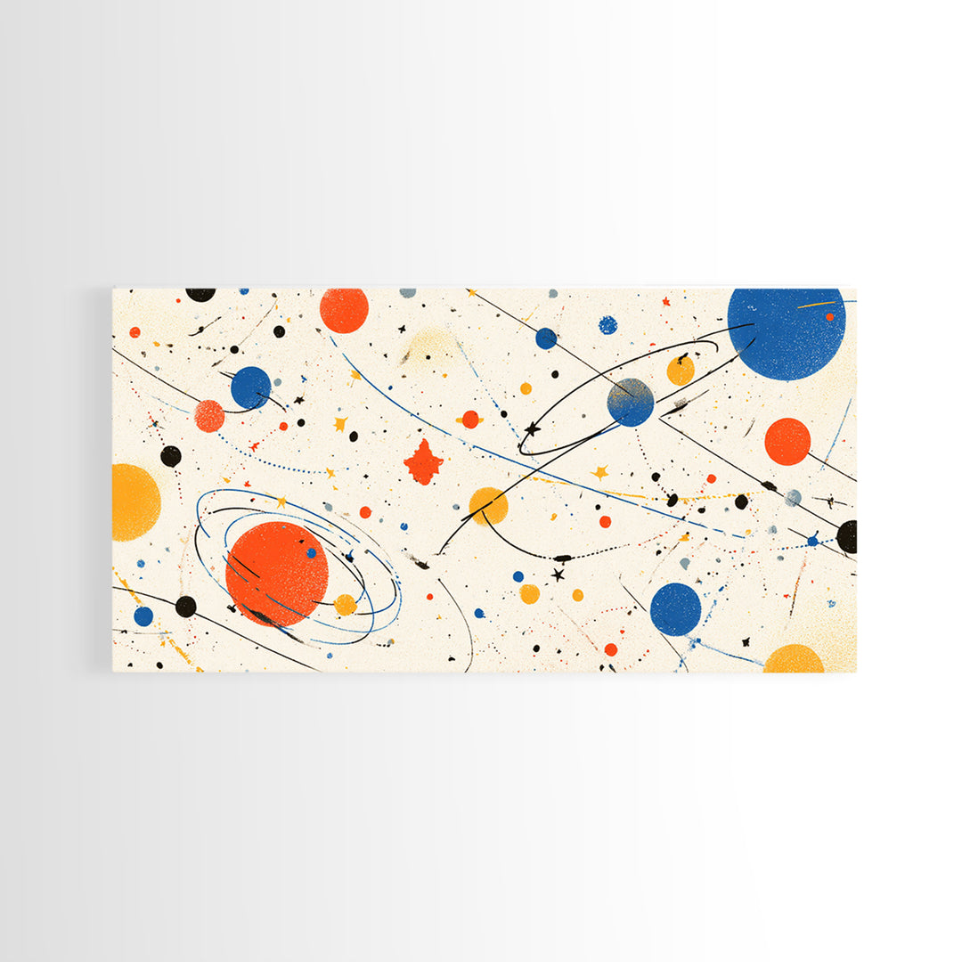 Playful Orbiting Planets And Stars Canvas Print, Atomic Mid Century Modern Wall Art, Retro Space Poster, Kids Room Decor