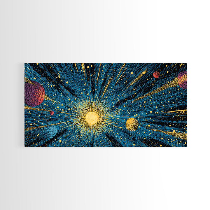 Radiant Sun And Planets In Deep Space Wall Art, Cosmic Retro Sci Fi Poster, Mid Century Modern Decor, Galaxy Print, Home Decor