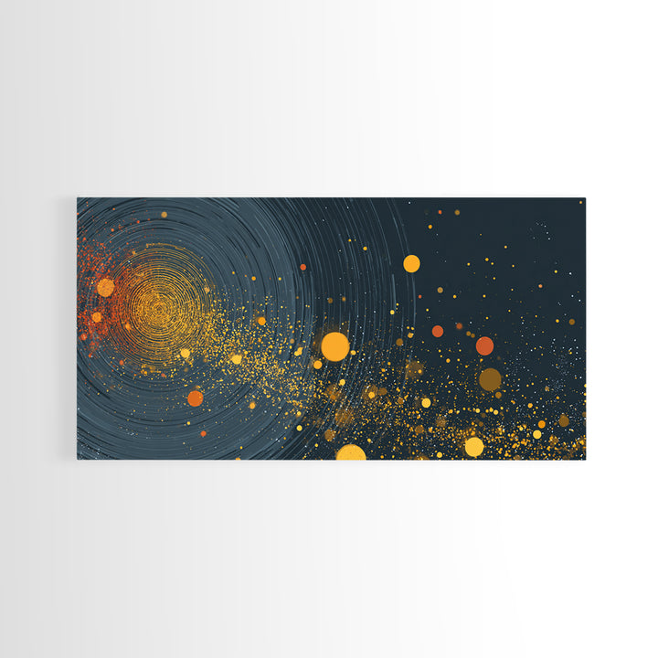 Orange Cosmic Spiral And Star Fields Framed Canvas Print, Abstract Space Wall Art, Mid Century Modern Decor, Galaxy Poster