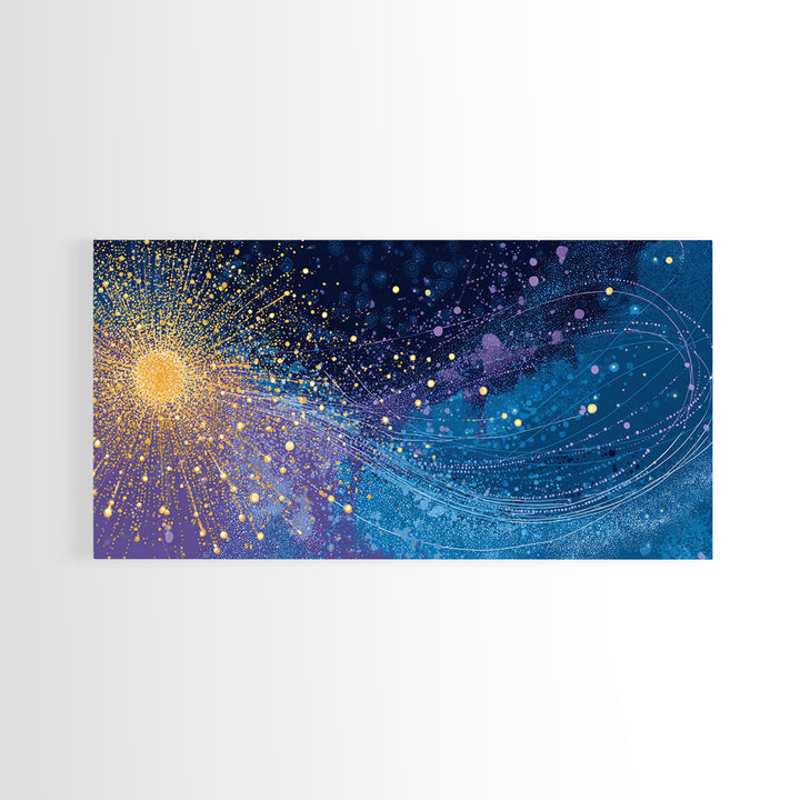 Golden Starburst Space Wave Canvas Print, Colorful Abstract Wall Art, Modern Galaxy Poster, Sci Fi Office And Living Room Decor