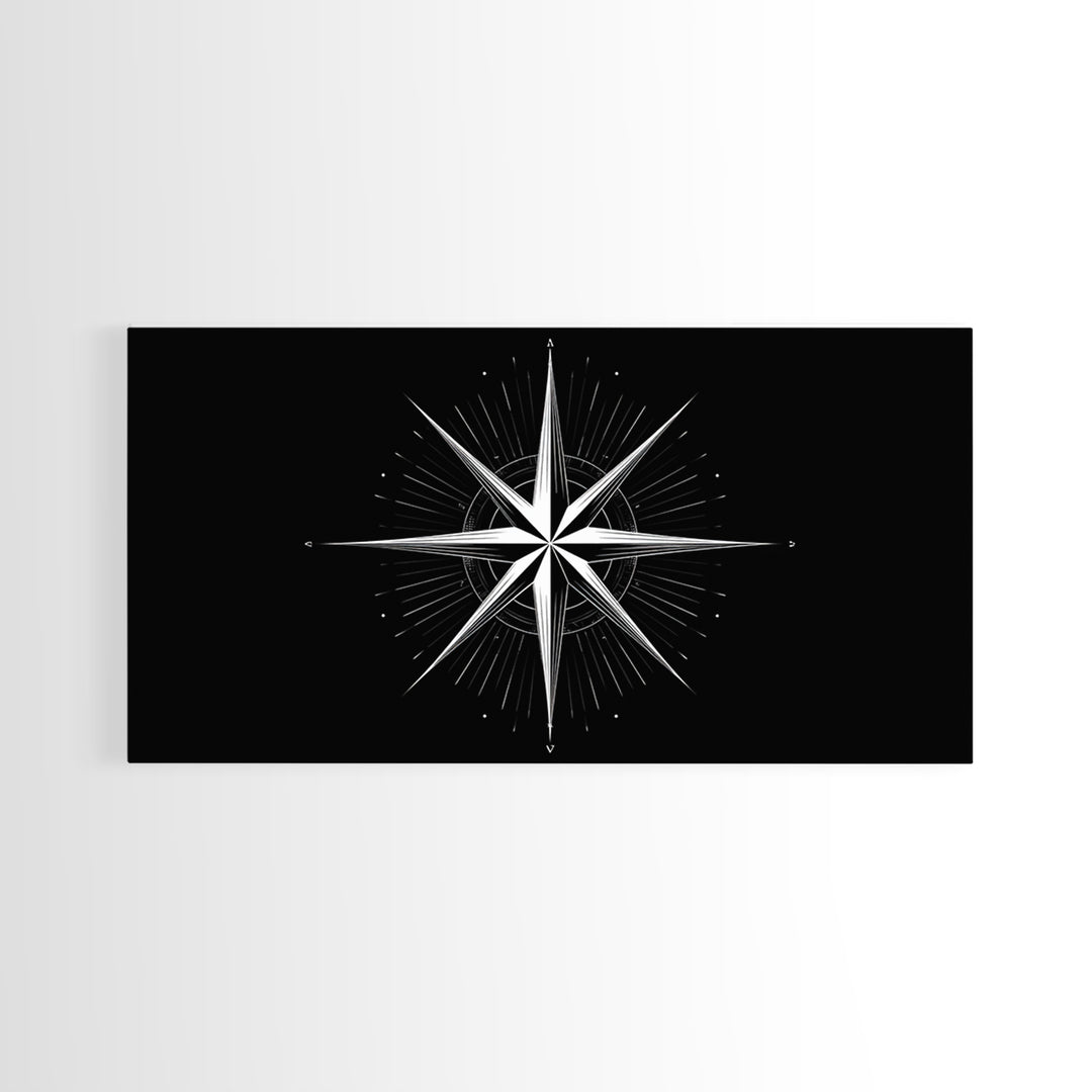 Minimal White Compass Star Wall Art, Black And White Geometric Print, Nautical Modern Wall Decor, Celestial Office Poster