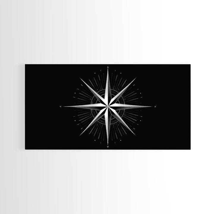 Minimal White Compass Star Wall Art, Black And White Geometric Print, Nautical Modern Wall Decor, Celestial Office Poster