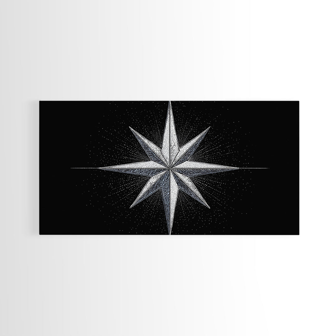 Stippled Compass Rose Canvas Print, Black And White Nautical Star Wall Art, Geometric Modern Poster, Minimal Office Decor
