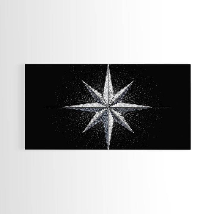 Stippled Compass Rose Canvas Print, Black And White Nautical Star Wall Art, Geometric Modern Poster, Minimal Office Decor