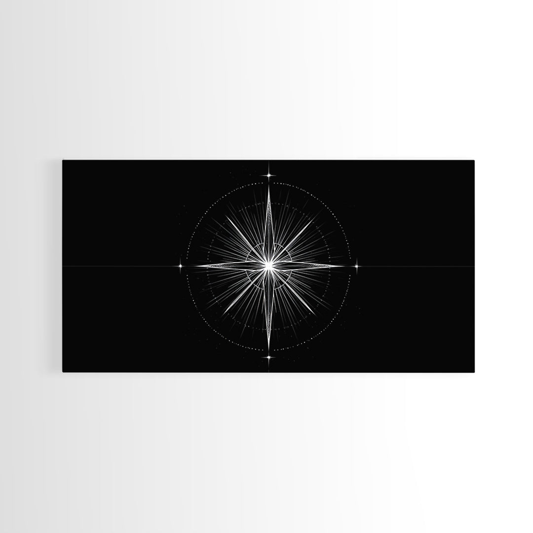 Radiant Compass Star Framed Canvas Print, Black And White Celestial Wall Art, Minimal Geometric Poster, Nautical Decor Gift