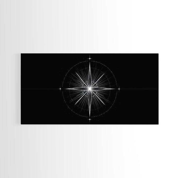 Radiant Compass Star Framed Canvas Print, Black And White Celestial Wall Art, Minimal Geometric Poster, Nautical Decor Gift