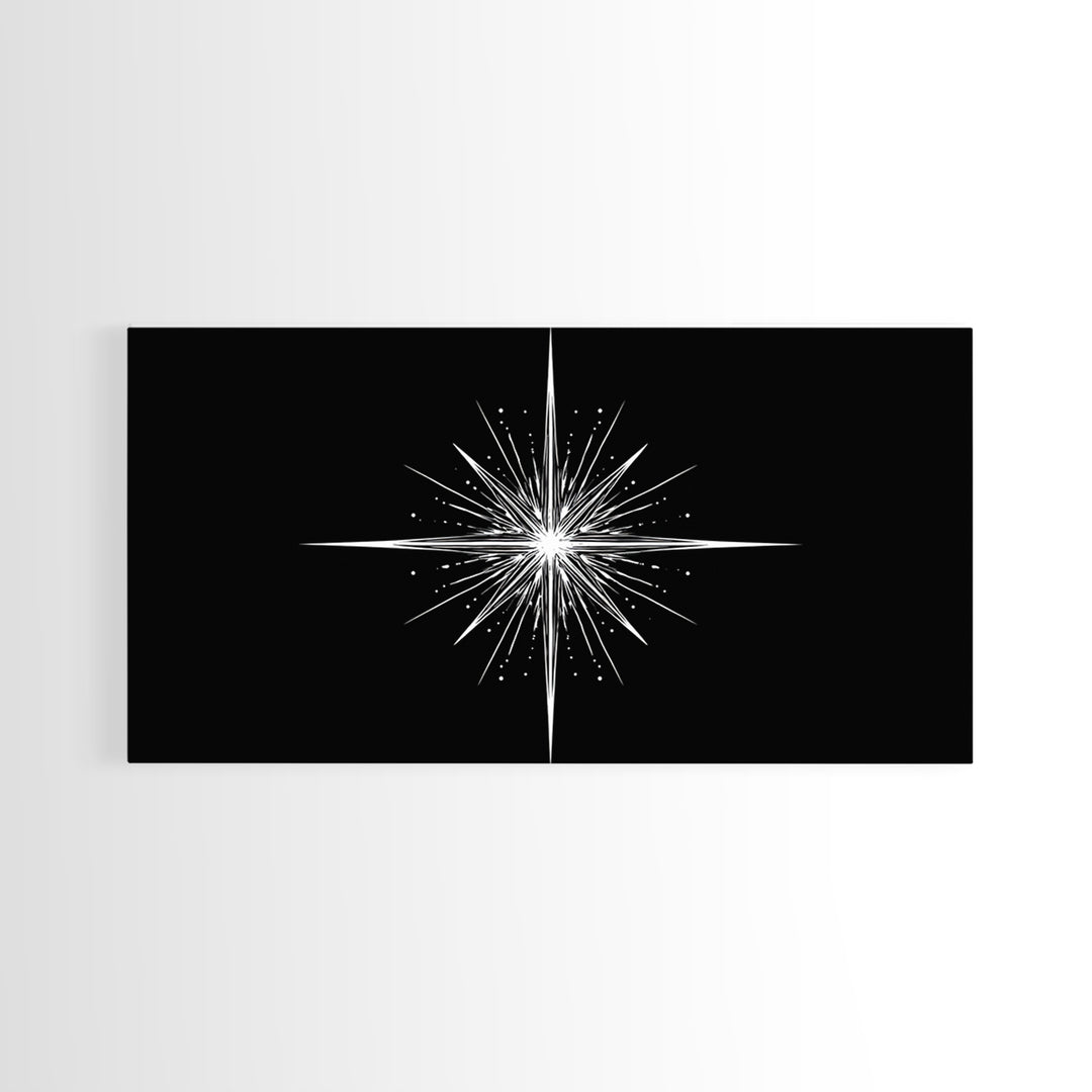 Bright North Star Wall Art, Black And White Celestial Burst Print, Minimal Geometric Poster, Modern Nautical Office Decor