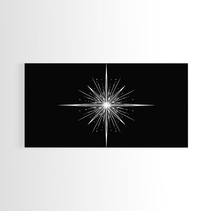 Bright North Star Wall Art, Black And White Celestial Burst Print, Minimal Geometric Poster, Modern Nautical Office Decor