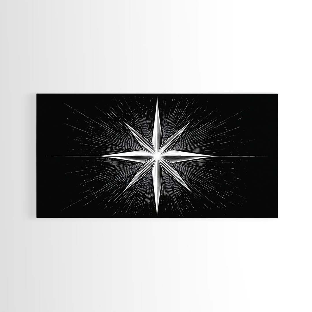 Exploding Compass Star Canvas Print, Black And White Celestial Wall Art, Geometric Nautical Poster, Modern Home Office Decor