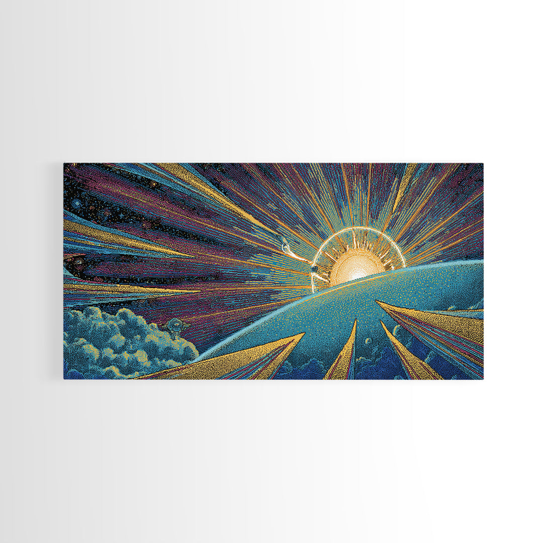 Radiant Sunrise Over Planet Wall Art, Modern Abstract Art Print, Retro Sci Fi Poster, Space Abstract Art, Colorful MCM Decor