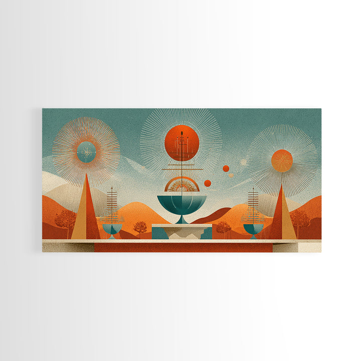 Desert Atomic Fountain Wall Art, Midcentury Modern Art Print, Palm Springs Decor, Orange Teal Geometric Poster, MCM Decor