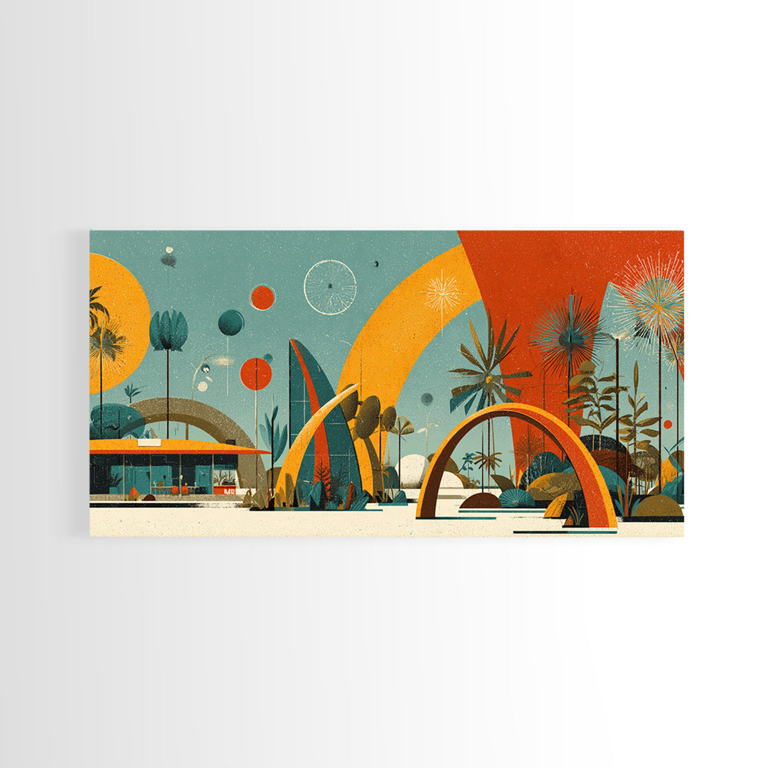 Atomic Desert Resort With Palms And Arches Wall Art, Midcentury Modern Print, Retro Space Age Poster, MCM Home Decor Gift