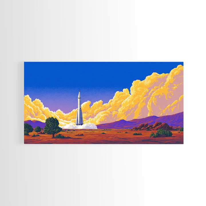 Desert Rocket Launch With Golden Clouds Framed Canvas Print, Retro Sci Fi Poster, Midcentury Modern Wall Art Decor, Gift