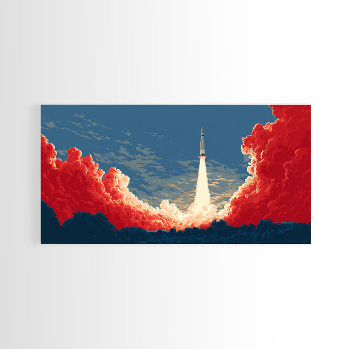 Rocket Launch Through Red Clouds Canvas Print, Retro Sci Fi Poster, Mid Century Modern Wall Art, Bold Space Decor Gift For Him