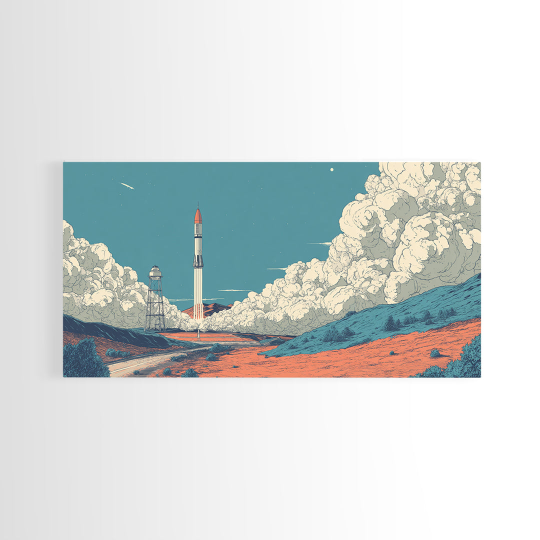 Moonlit Rocket Pad In Blue Desert Wall Art, Midcentury Modern Space Poster, Retro Sci Fi Print, MCM Office Decor Gift Idea