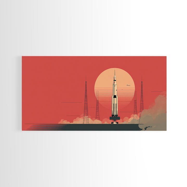 Rocket Launch With Coral Sun Canvas Print, Midcentury Modern Space Age Poster, Atomic Wall Art, Retro Home Decor Gift Idea