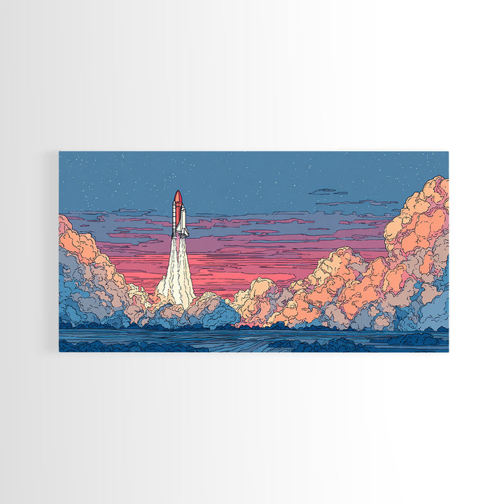 Twilight Rocket Launch Over Ocean Clouds Wall Art, Retro Sci Fi Poster, Mid Century Modern Print, Starry Space Decor Gift
