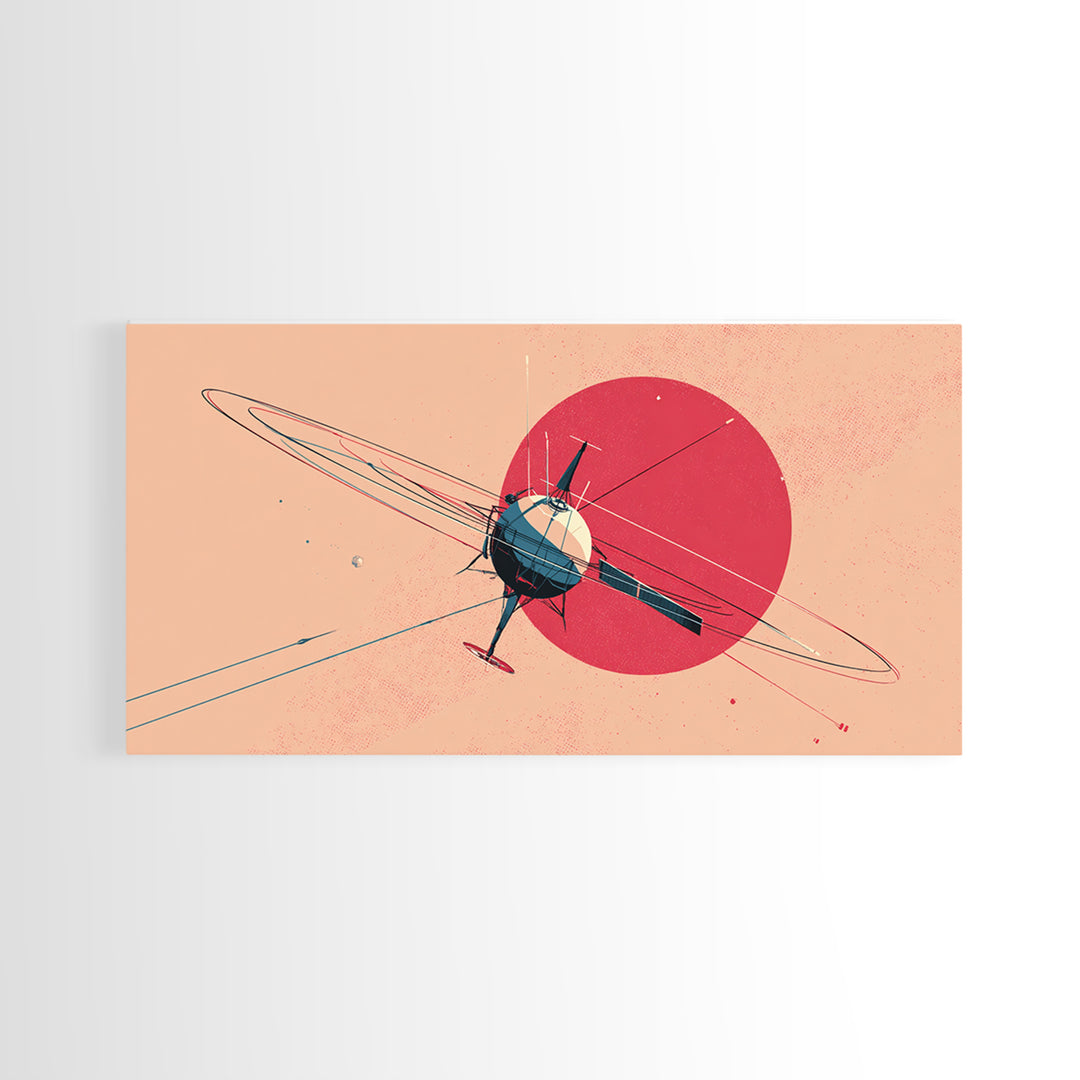 Retro Satellite Orbiting Pink Planet Canvas Print, Midcentury Modern Space Poster, Atomic Sci Fi Wall Art Decor Gift For Him
