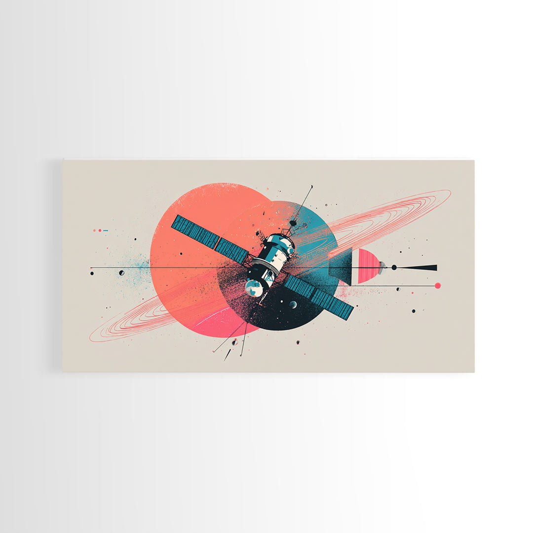 Abstract Satellite And Ringed Planet Wall Art, Midcentury Modern Space Poster, Retro Atomic Print, Modern Home Decor Gift