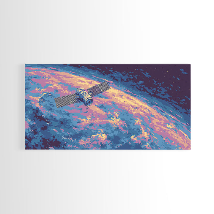 Pixel Satellite Above Colorful Earth Wall Art, Retro Sci Fi Space Poster, Modern Astronaut Decor, Cosmic Digital Art Print
