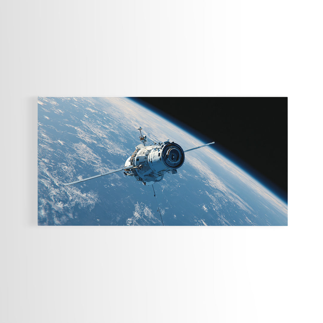 Realistic Spacecraft Orbiting Blue Earth Canvas Print, Modern Space Wall Decor, Satellite Poster, Sci Fi Office Artwork Gift