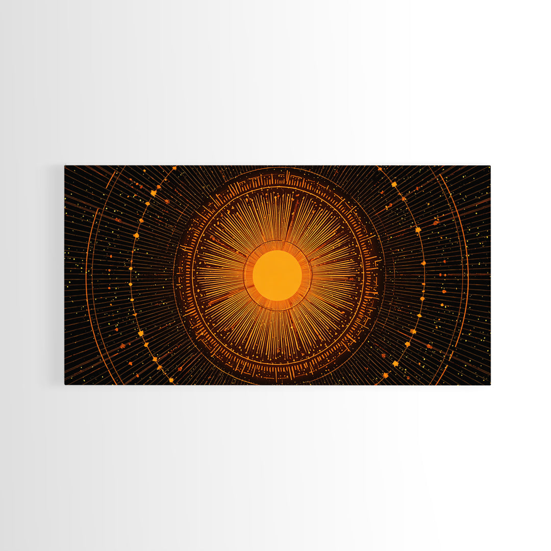 Orange Solar Mandala Interface Wall Art, Retro Sci Fi Circle Poster, Atomic Midcentury Modern Decor, Geometric Sun Print