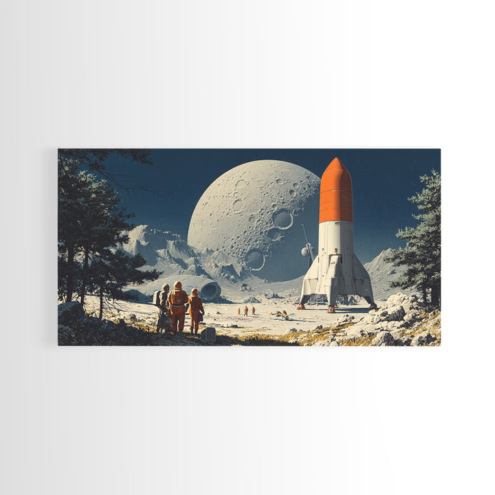 Moon Base Astronauts With Orange Rocket Framed Canvas Print, Retro Space Wall Art, Sci Fi Lunar Landscape Poster Decor Gift