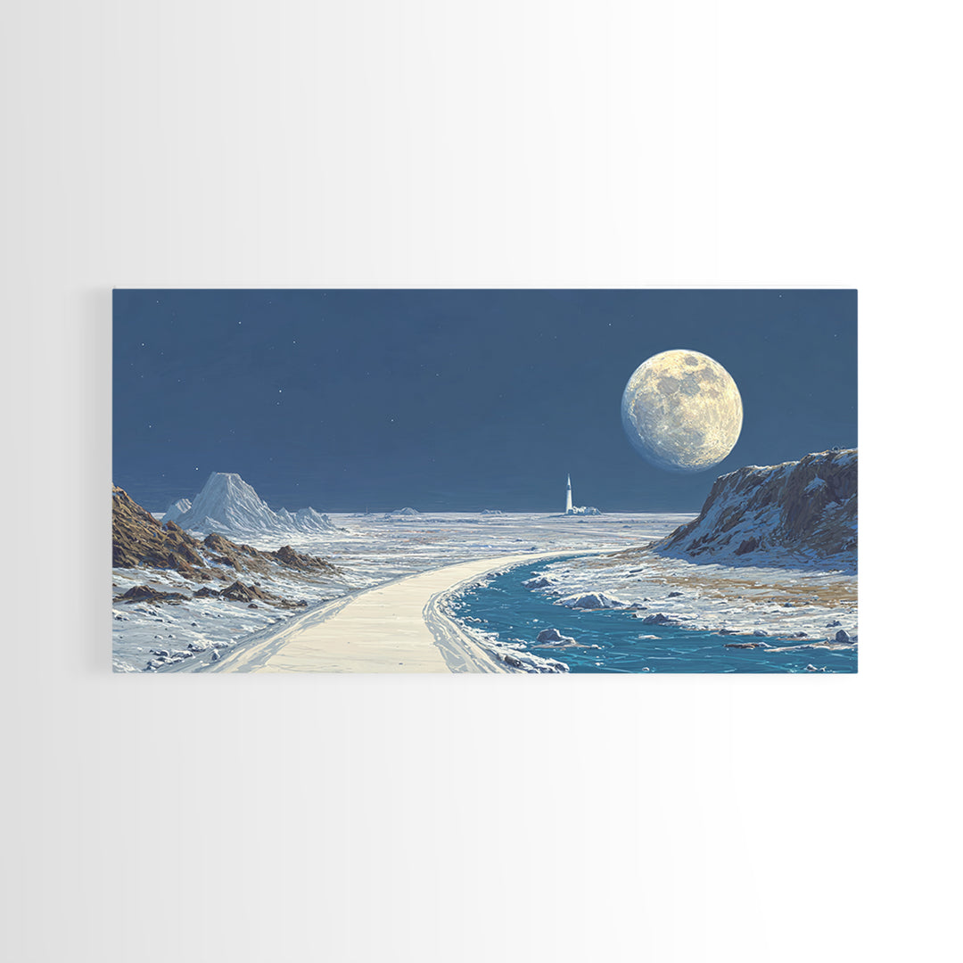 Blue Lunar Coastline With Full Moon Wall Art, Retro Sci Fi Landscape Poster, Space Travel Print, Modern Home Office Decor