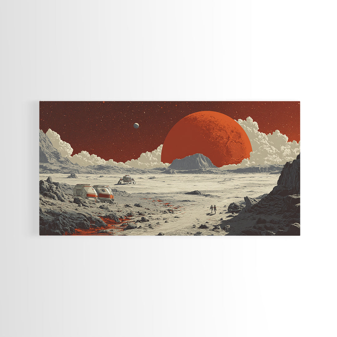 Red Planet Colony With Rovers Canvas Print, Retro Sci Fi Desert Landscape Wall Art, Mars Exploration Poster, Space Decor