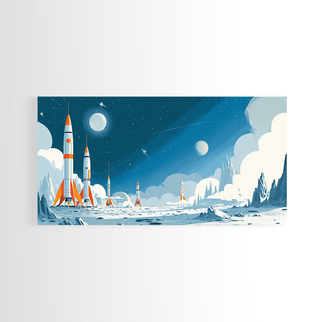 Whimsical Rocket Fleet On Icy Moon Wall Art, Retro Sci Fi Space Poster, Blue Nursery Decor, Midcentury Modern Print Gift