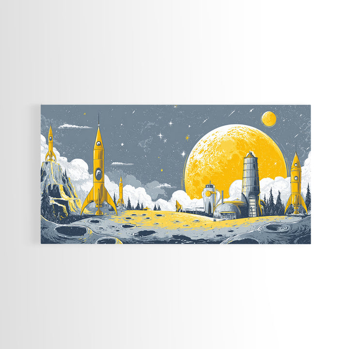 Yellow Lunar Colony With Retro Rockets Canvas Print, Midcentury Modern Space Wall Art, Moon Base Poster, Atomic Home Decor