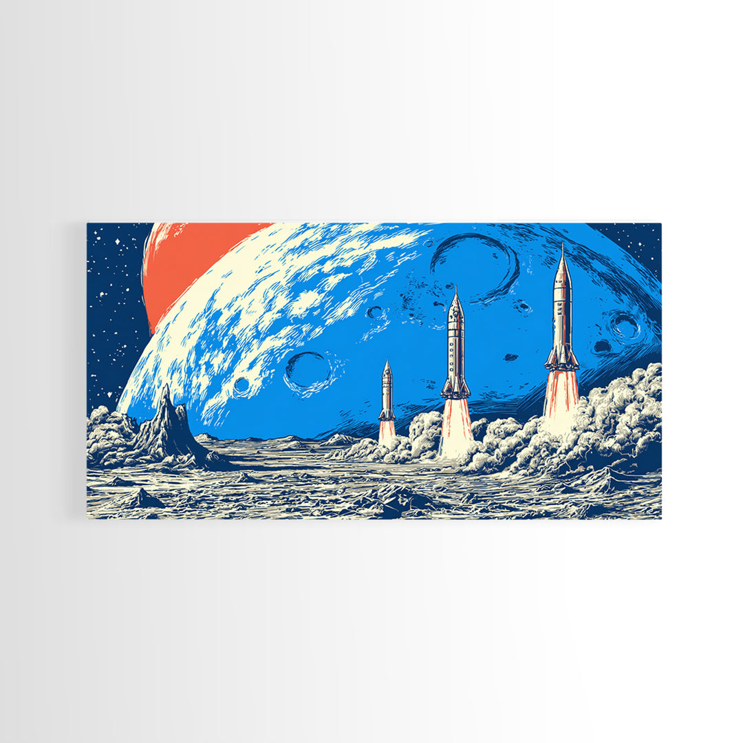 Retro Sci Fi Rocket Launch On Blue Moon Canvas Print, Midcentury Modern Space Poster, Cosmic Wall Decor, MCM Artwork Gift