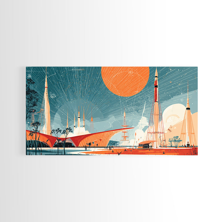Futuristic Spaceport With Orange Sun Framed Canvas Print, Midcentury Modern Wall Art, Atomic Retro Decor, MCM Poster Gift