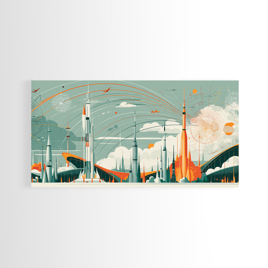 Retro Rocket City With Arcing Skies Canvas Print, Midcentury Modern Wall Art, Space Age Poster, Atomic MCM Home Decor Gift