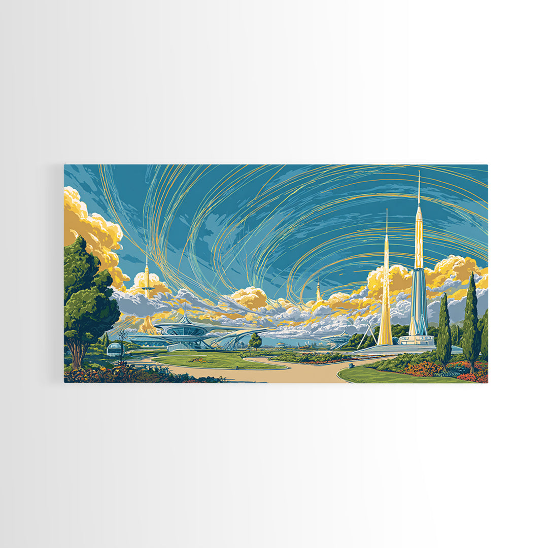 Utopian Spaceport Landscape With Golden Clouds Wall Art, Midcentury Modern Canvas Print, Retro Futurist Poster, MCM Decor