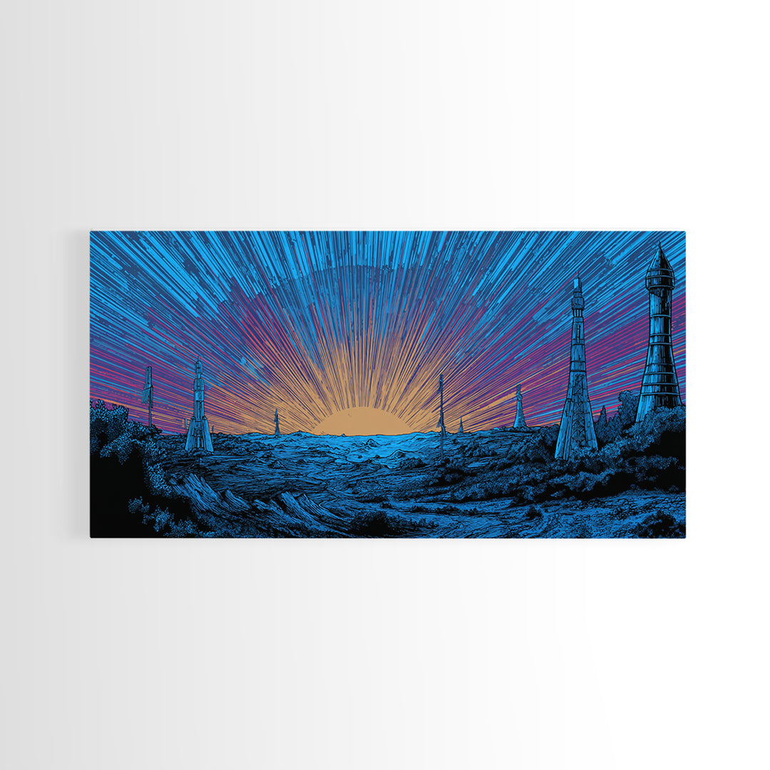Blue Cosmic Sunrise Over Sci Fi Towers Canvas Print, Midcentury Modern Wall Art, Retro Space Poster, Bold MCM Decor Gift