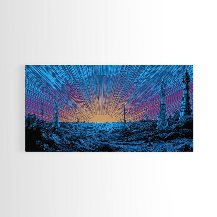 Blue Cosmic Sunrise Over Sci Fi Towers Canvas Print, Midcentury Modern Wall Art, Retro Space Poster, Bold MCM Decor Gift