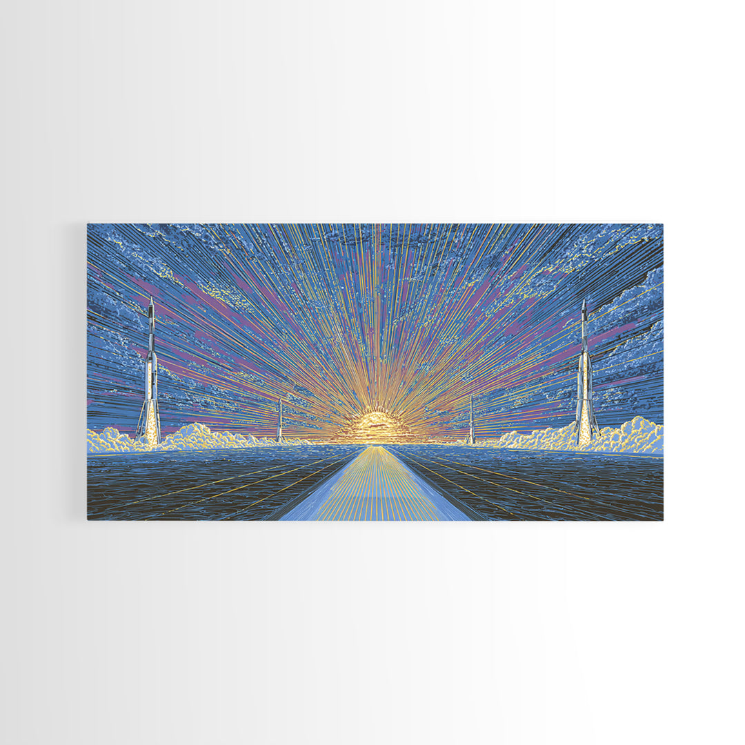 Radiant Rocket Road At Spaceport Sunrise Wall Art, Midcentury Modern Canvas Print, Retro Futurist Poster, MCM Home Decor