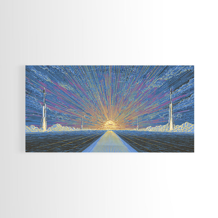 Radiant Rocket Road At Spaceport Sunrise Wall Art, Midcentury Modern Canvas Print, Retro Futurist Poster, MCM Home Decor