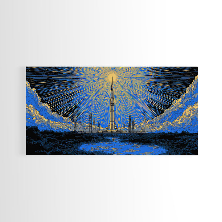 Rocket Launch Tower Beneath Starburst Sky Framed Canvas Print, Midcentury Modern Wall Art, Atomic Retro Space Decor Gift