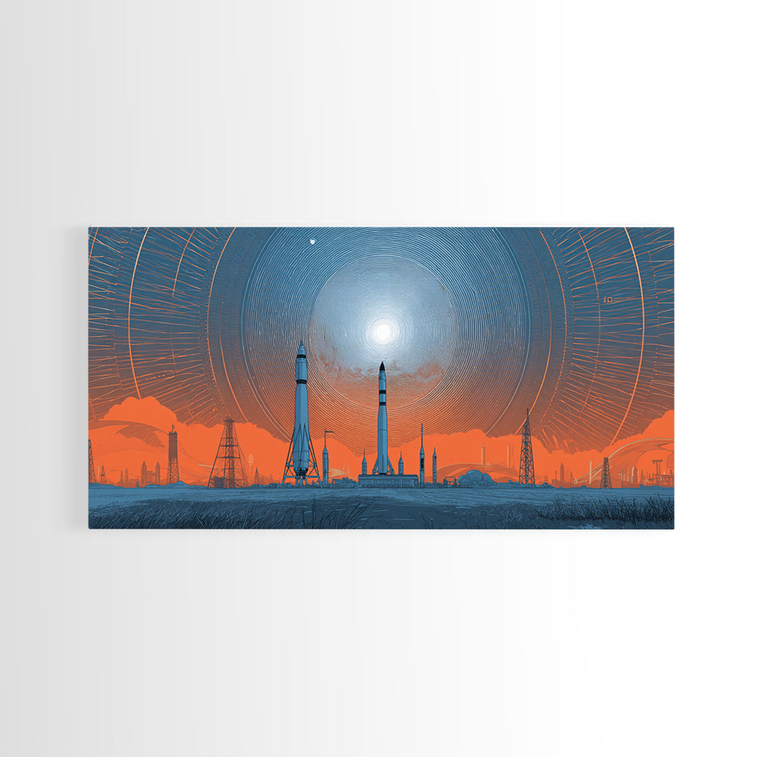 Orange Spaceport Skyline With Radiant Sun Wall Art, Midcentury Modern Canvas Print, Retro Futurist Poster, Industrial MCM Decor