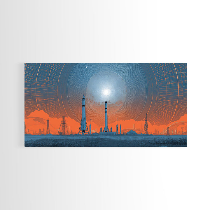 Orange Spaceport Skyline With Radiant Sun Wall Art, Midcentury Modern Canvas Print, Retro Futurist Poster, Industrial MCM Decor